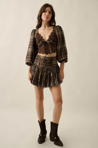 County Line Plaid and Lace Balloon-Sleeve Crop Top - ShopPromesa