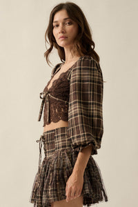 County Line Plaid and Lace Balloon-Sleeve Crop Top - ShopPromesa