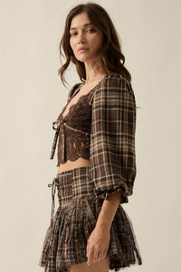 County Line Plaid and Lace Balloon-Sleeve Crop Top - ShopPromesa