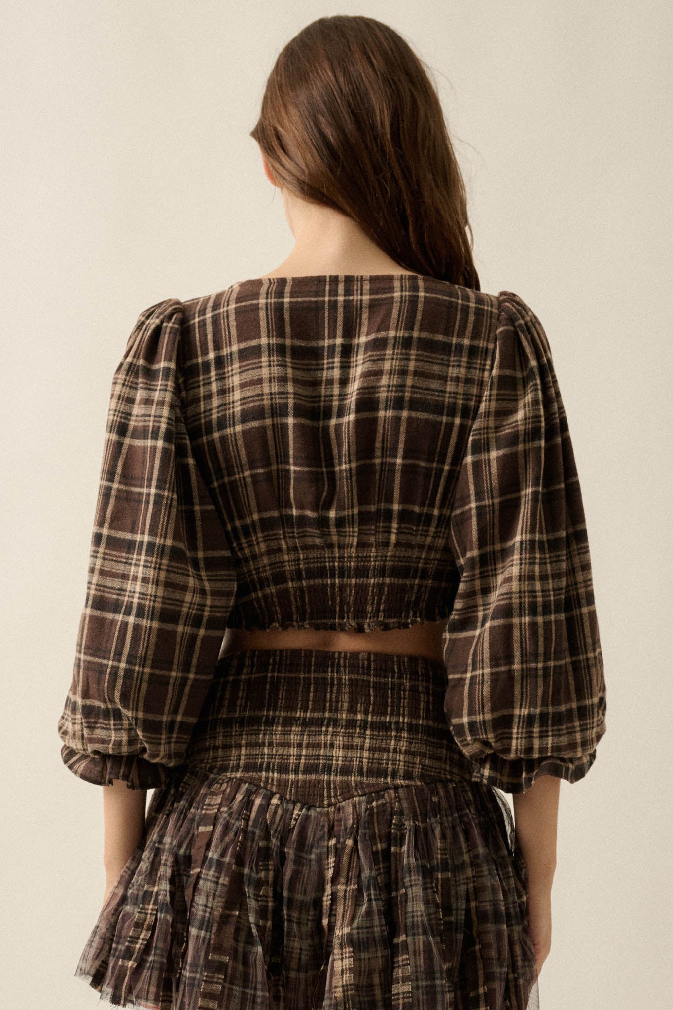 County Line Plaid and Lace Balloon-Sleeve Crop Top - ShopPromesa