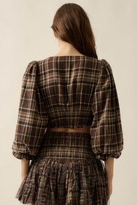County Line Plaid and Lace Balloon-Sleeve Crop Top - ShopPromesa