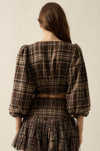 County Line Plaid and Lace Balloon-Sleeve Crop Top - ShopPromesa