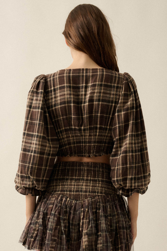 County Line Plaid and Lace Balloon-Sleeve Crop Top - ShopPromesa