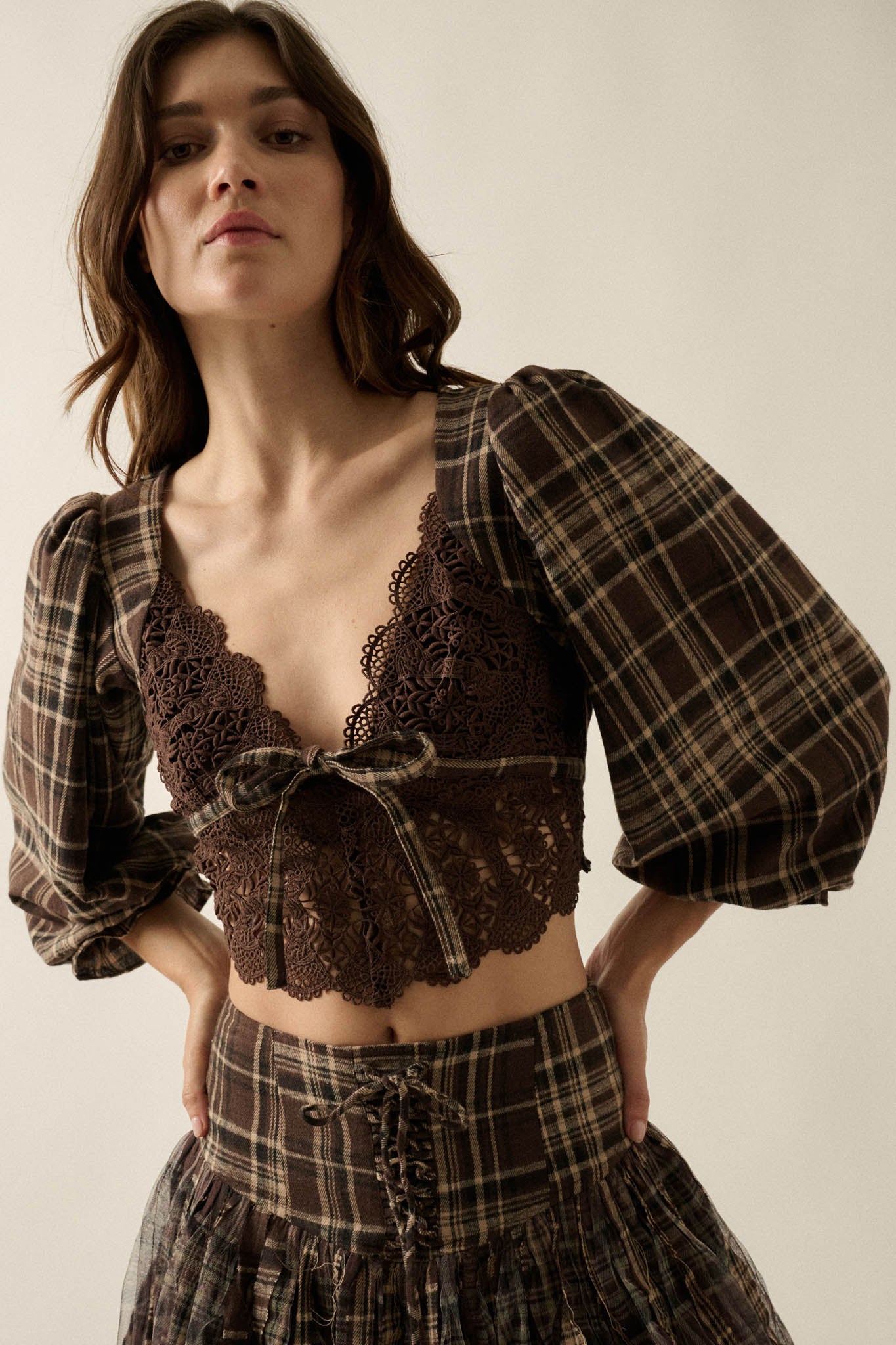 County Line Plaid and Lace Balloon-Sleeve Crop Top - ShopPromesa