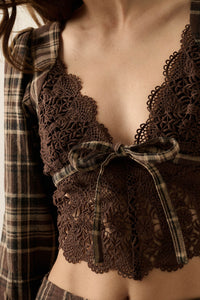 County Line Plaid and Lace Balloon-Sleeve Crop Top - ShopPromesa