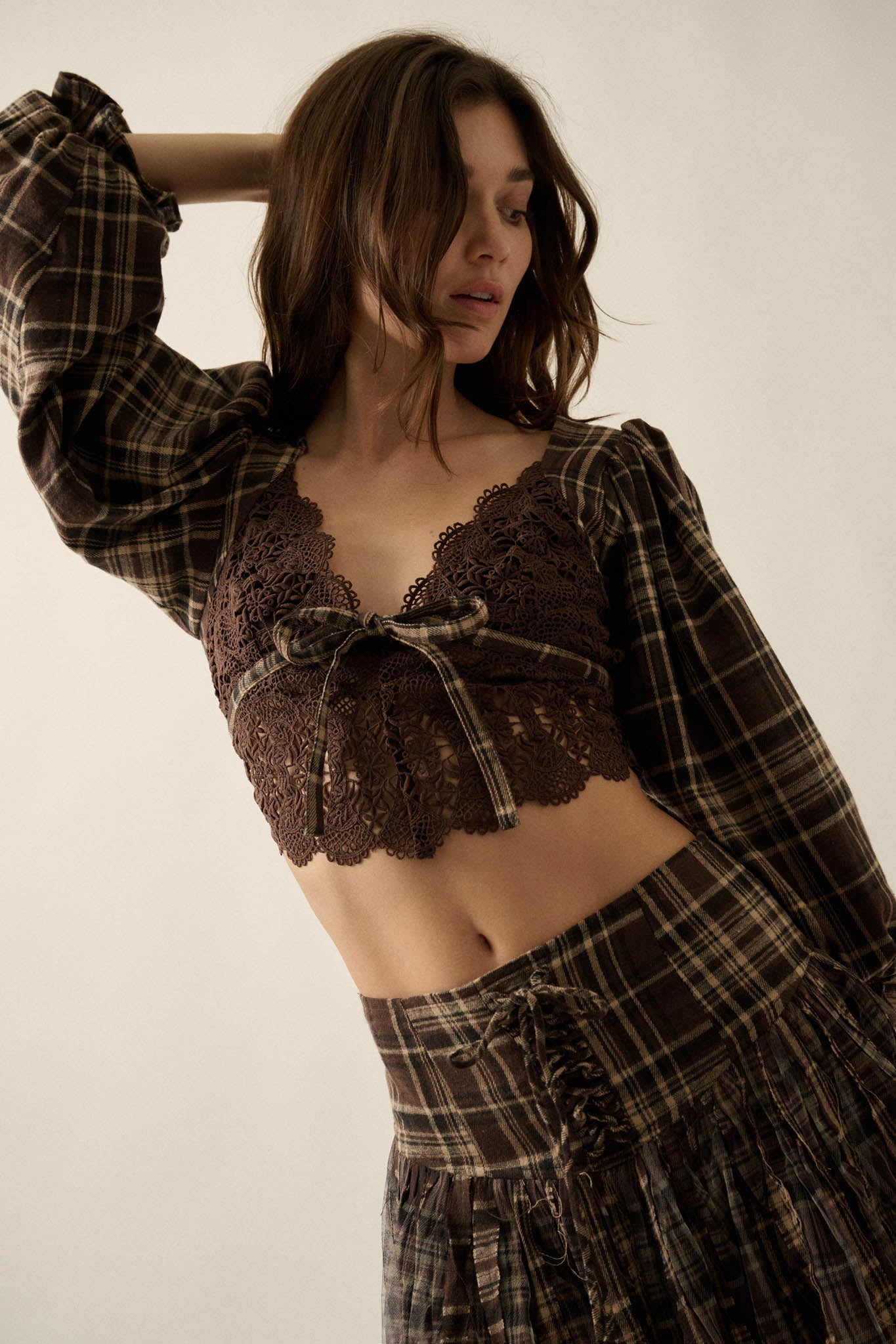 County Line Plaid and Lace Balloon-Sleeve Crop Top - ShopPromesa