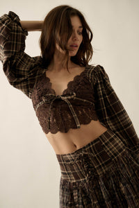 County Line Plaid and Lace Balloon-Sleeve Crop Top - ShopPromesa