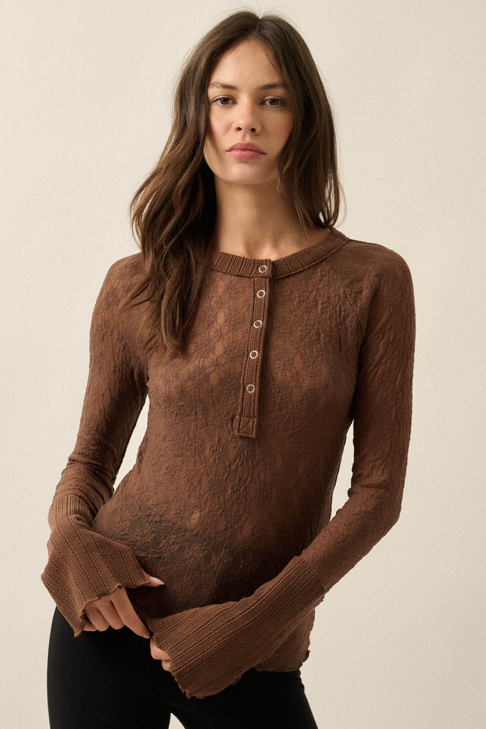 Lovely You Floral Lace Mock-Neck Thumbhole Top - ShopPromesa