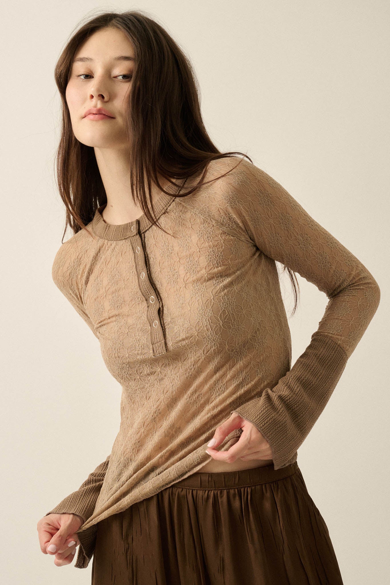 Lovely You Floral Lace Mock-Neck Thumbhole Top - ShopPromesa