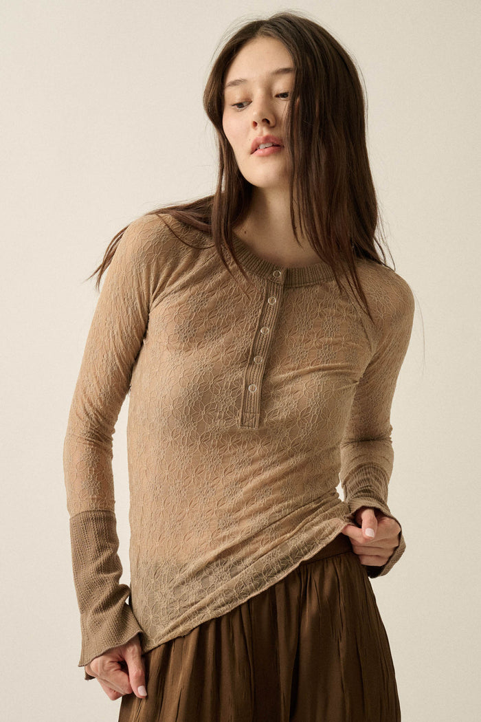 Lovely You Floral Lace Mock-Neck Thumbhole Top - ShopPromesa