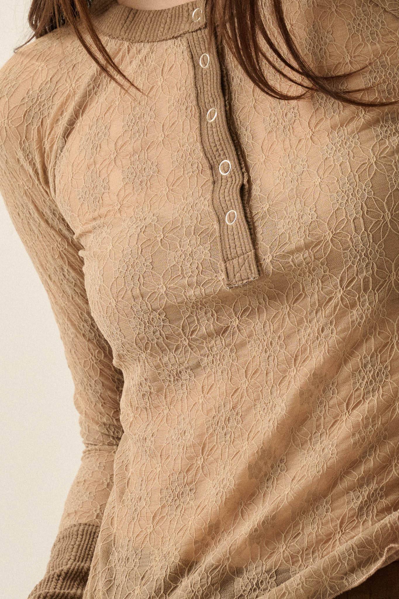 Lovely You Floral Lace Mock-Neck Thumbhole Top - ShopPromesa