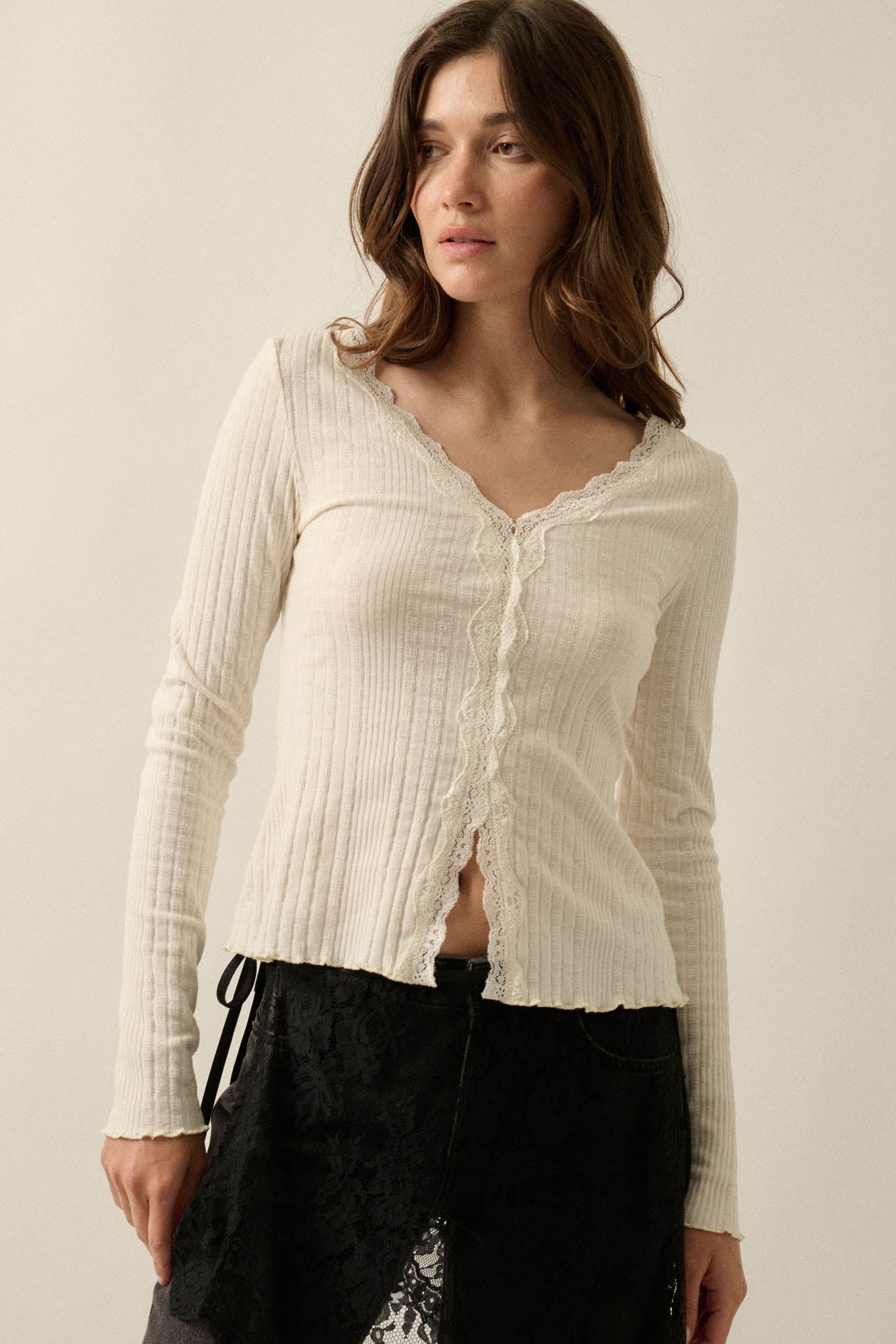 Self Love Rib-Knit Split-Front Long-Sleeve Top - ShopPromesa