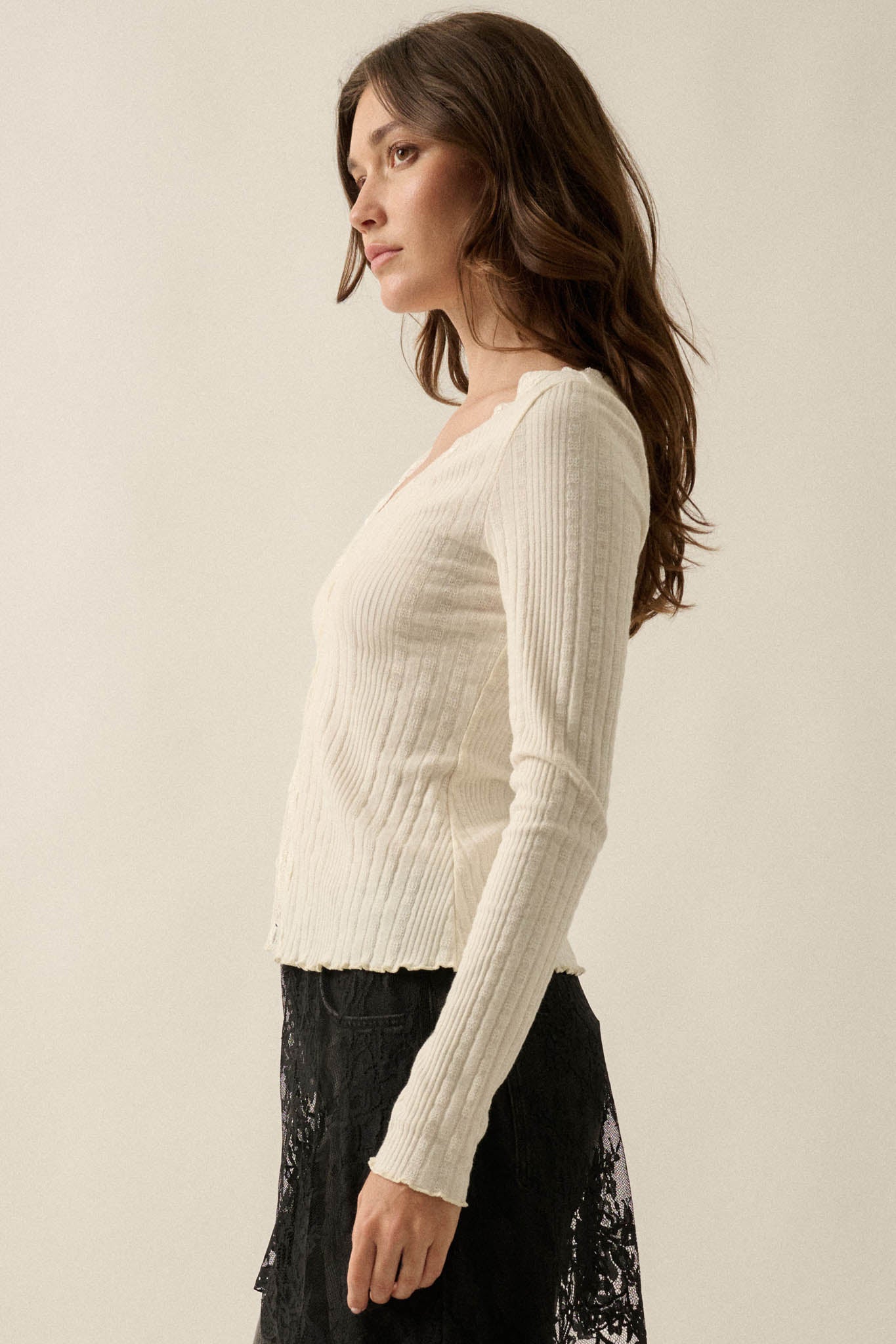 Self Love Rib-Knit Split-Front Long-Sleeve Top - ShopPromesa