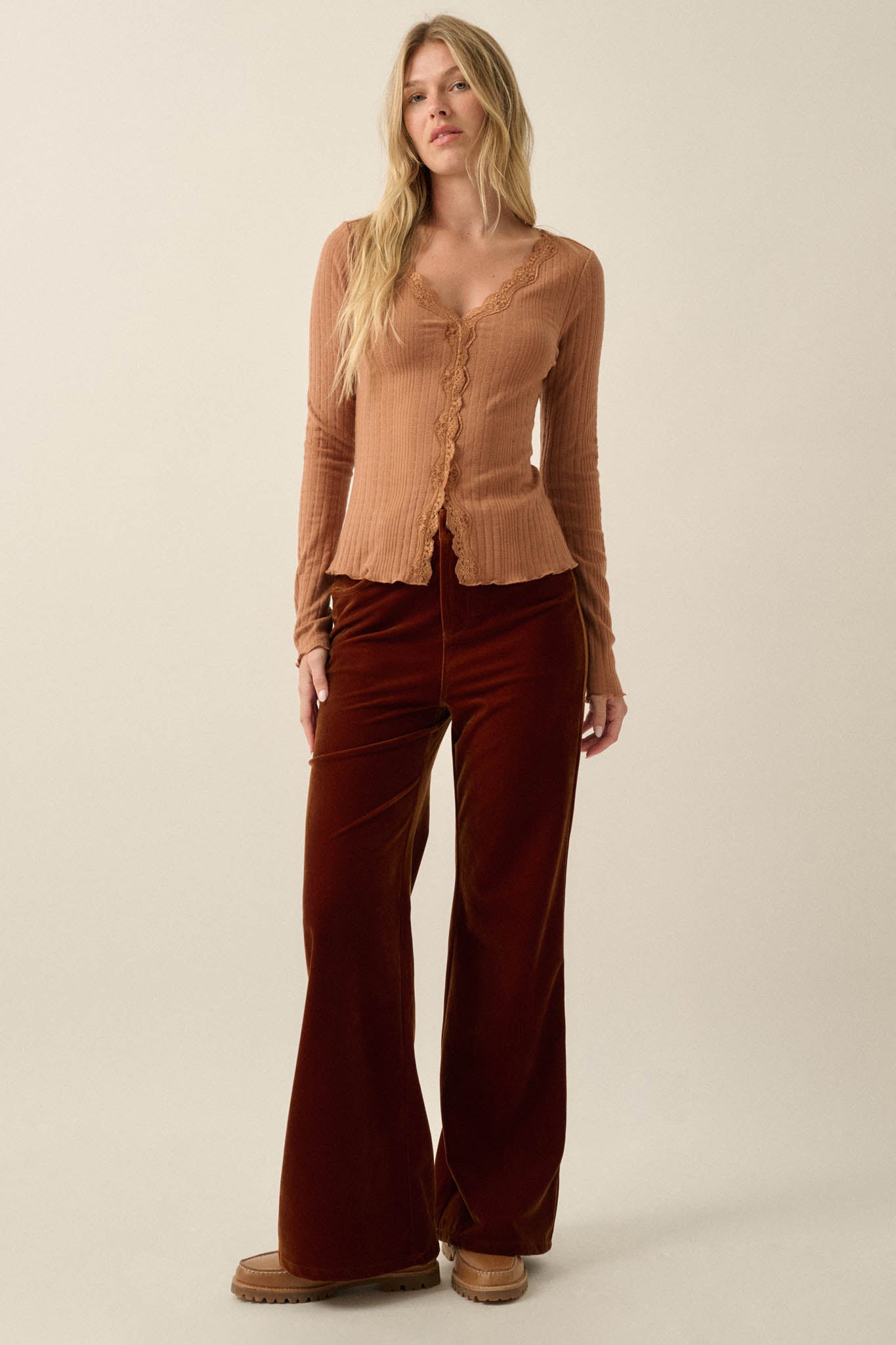 Self Love Rib-Knit Split-Front Long-Sleeve Top - ShopPromesa