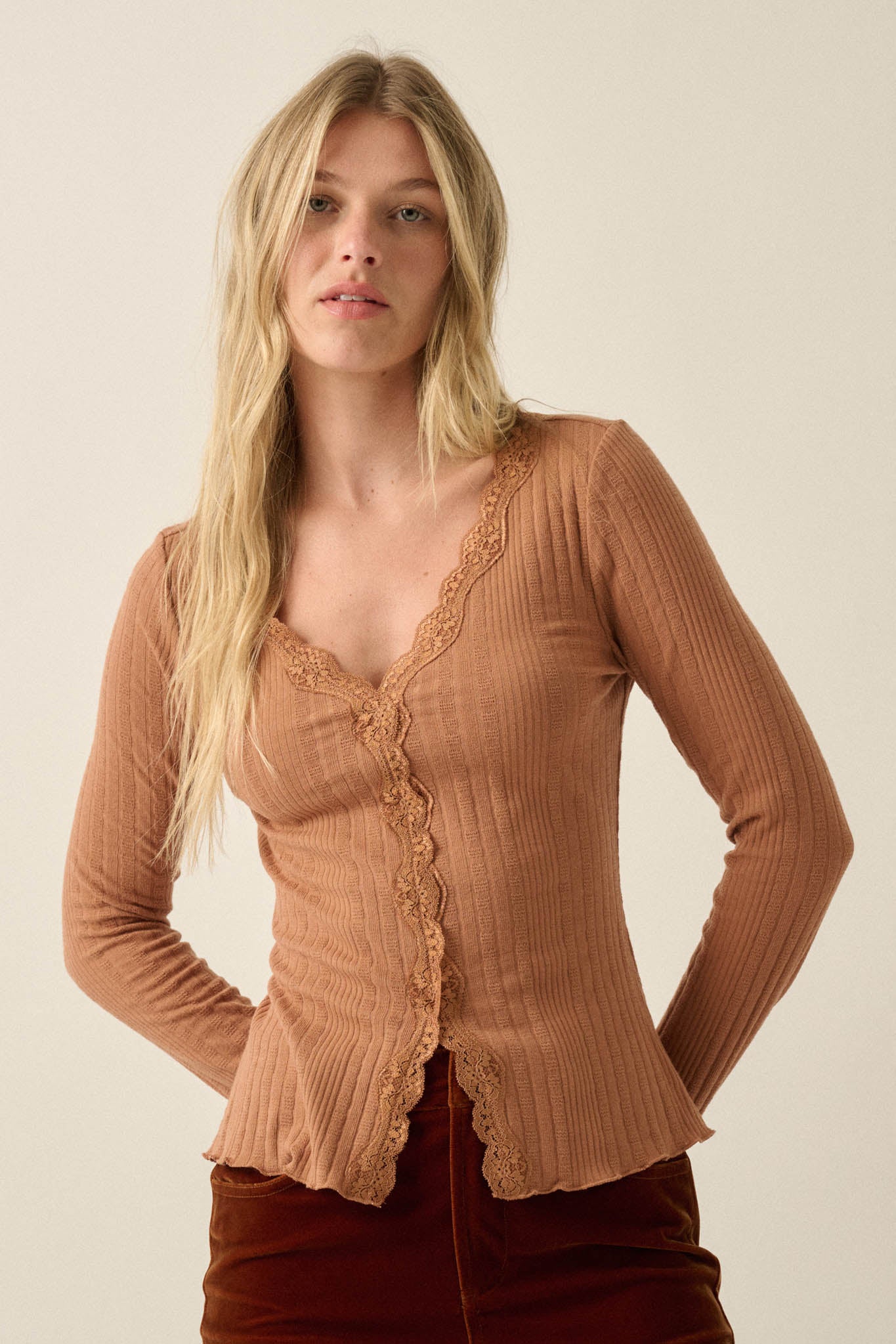 Self Love Rib-Knit Split-Front Long-Sleeve Top - ShopPromesa