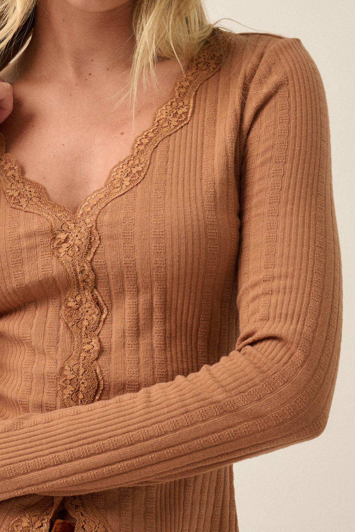 Self Love Rib-Knit Split-Front Long-Sleeve Top - ShopPromesa
