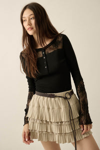 Gentle Grace Ribbed Knit and Lace Henley Top - ShopPromesa