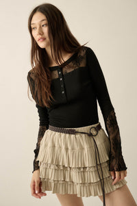 Gentle Grace Ribbed Knit and Lace Henley Top - ShopPromesa