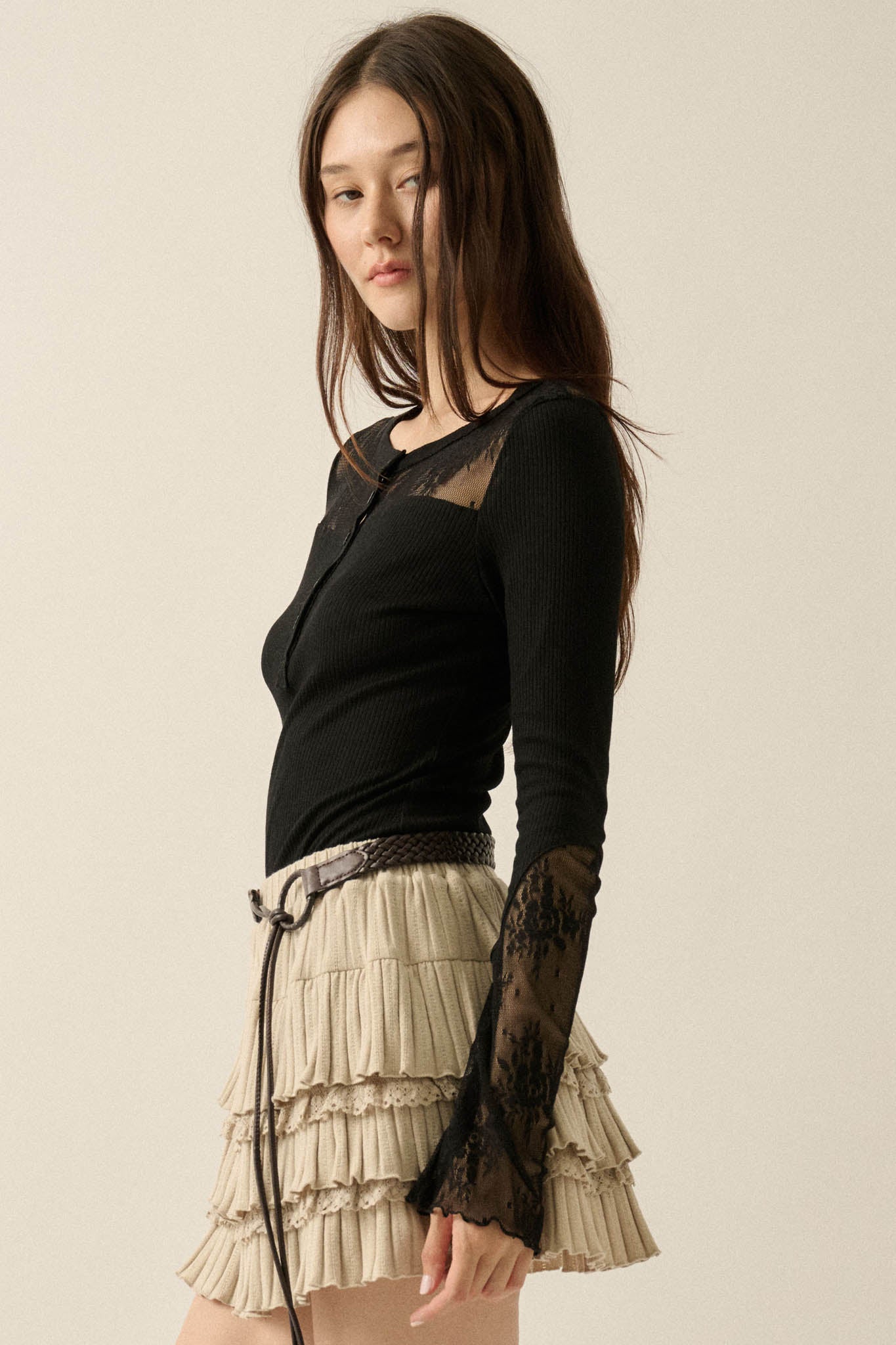 Gentle Grace Ribbed Knit and Lace Henley Top - ShopPromesa
