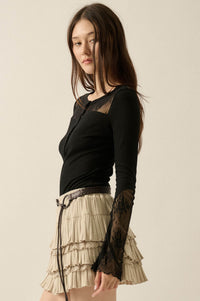 Gentle Grace Ribbed Knit and Lace Henley Top - ShopPromesa