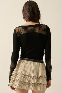 Gentle Grace Ribbed Knit and Lace Henley Top - ShopPromesa