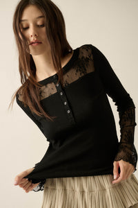 Gentle Grace Ribbed Knit and Lace Henley Top - ShopPromesa