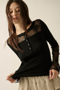 Gentle Grace Ribbed Knit and Lace Henley Top - ShopPromesa