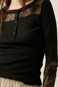 Gentle Grace Ribbed Knit and Lace Henley Top - ShopPromesa