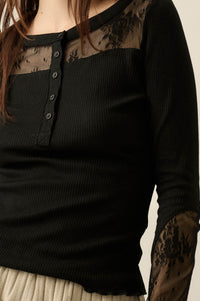 Gentle Grace Ribbed Knit and Lace Henley Top - ShopPromesa