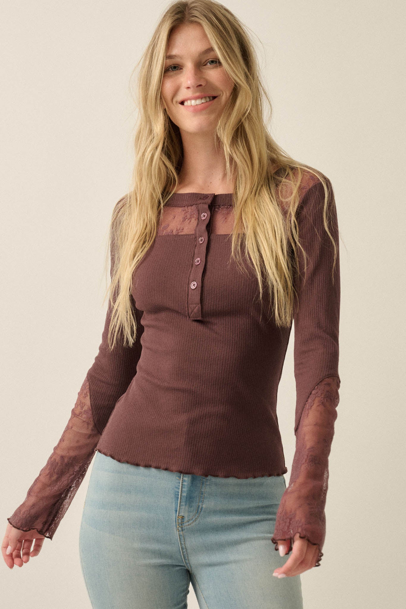 Gentle Grace Ribbed Knit and Lace Henley Top - ShopPromesa