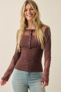Gentle Grace Ribbed Knit and Lace Henley Top - ShopPromesa
