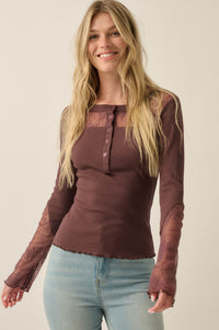 Gentle Grace Ribbed Knit and Lace Henley Top - ShopPromesa