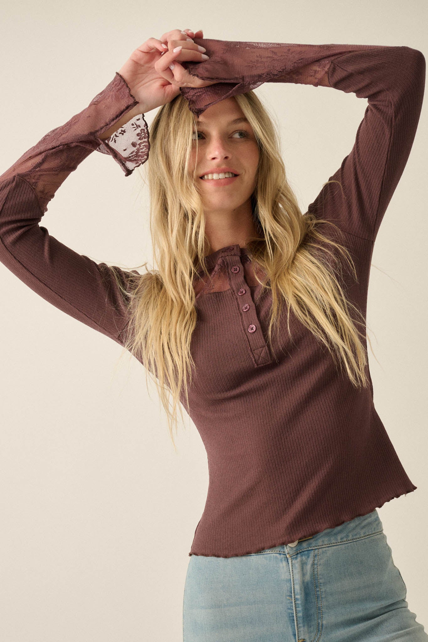 Gentle Grace Ribbed Knit and Lace Henley Top - ShopPromesa
