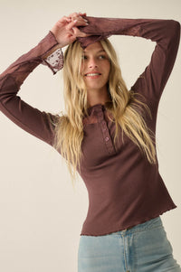 Gentle Grace Ribbed Knit and Lace Henley Top - ShopPromesa
