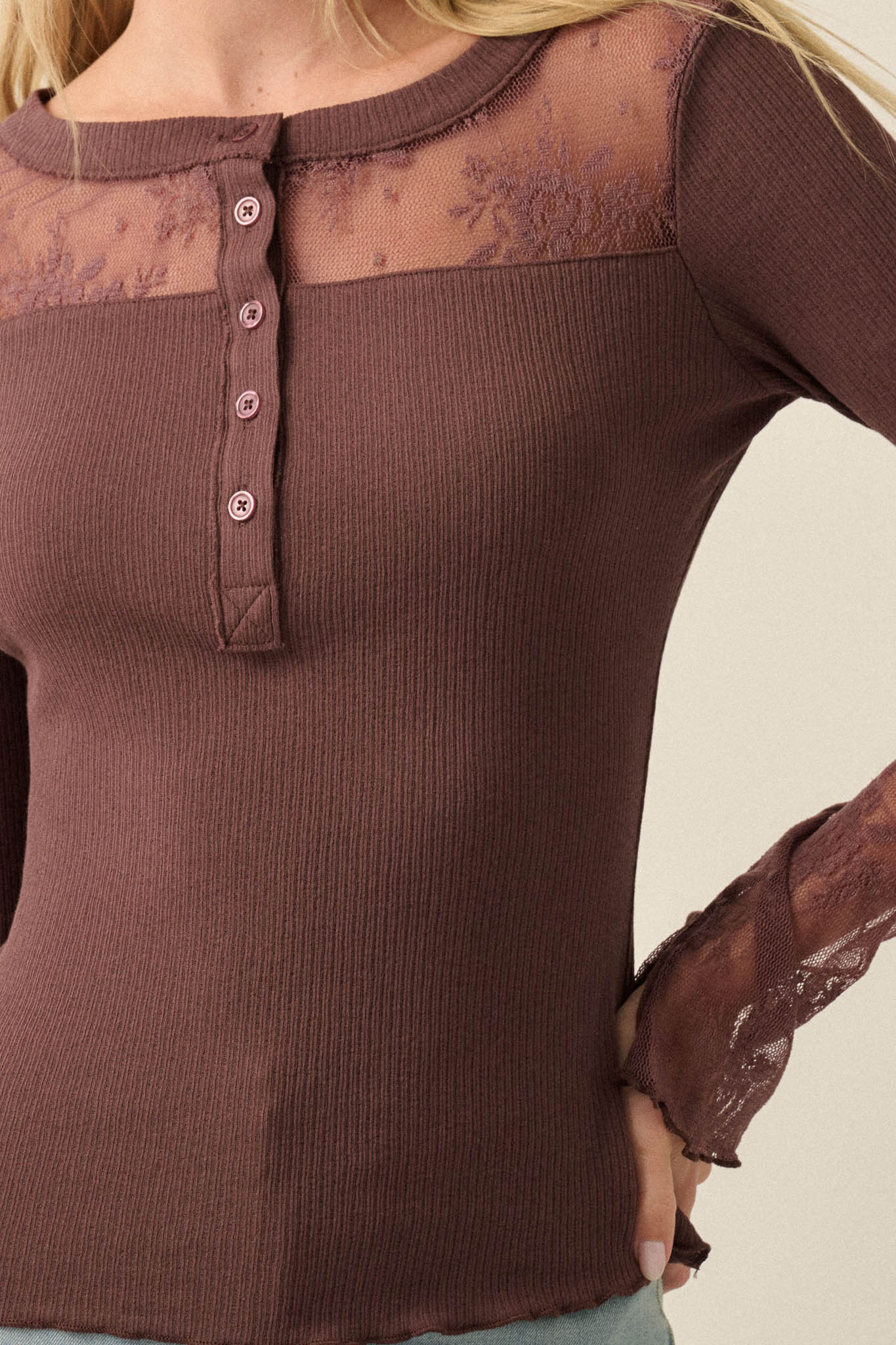 Gentle Grace Ribbed Knit and Lace Henley Top - ShopPromesa