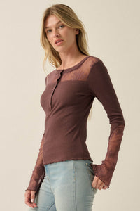Gentle Grace Ribbed Knit and Lace Henley Top - ShopPromesa