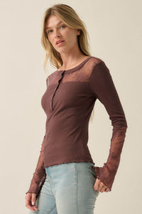 Gentle Grace Ribbed Knit and Lace Henley Top - ShopPromesa