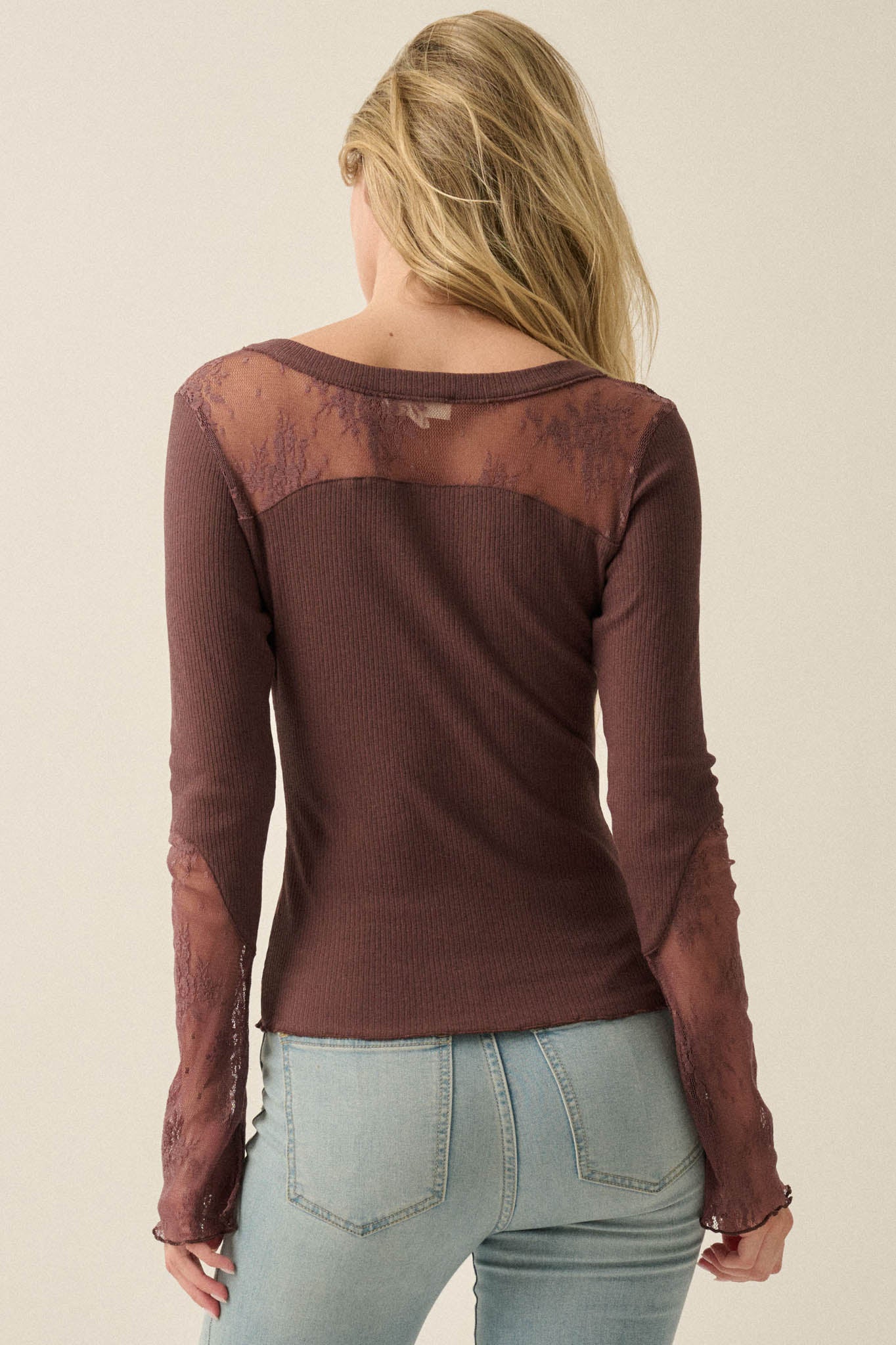 Gentle Grace Ribbed Knit and Lace Henley Top - ShopPromesa