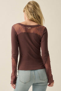 Gentle Grace Ribbed Knit and Lace Henley Top - ShopPromesa