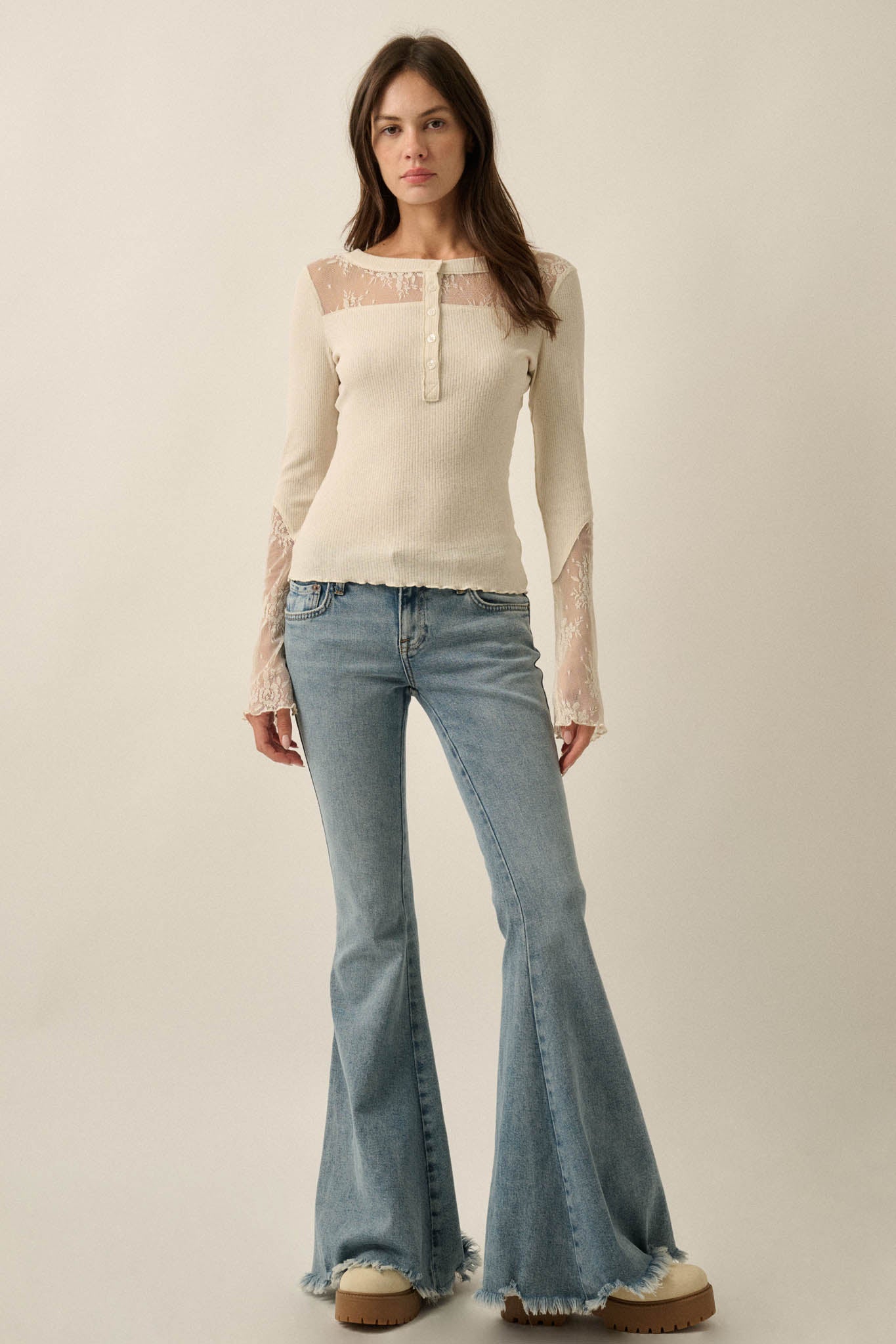 Gentle Grace Ribbed Knit and Lace Henley Top - ShopPromesa