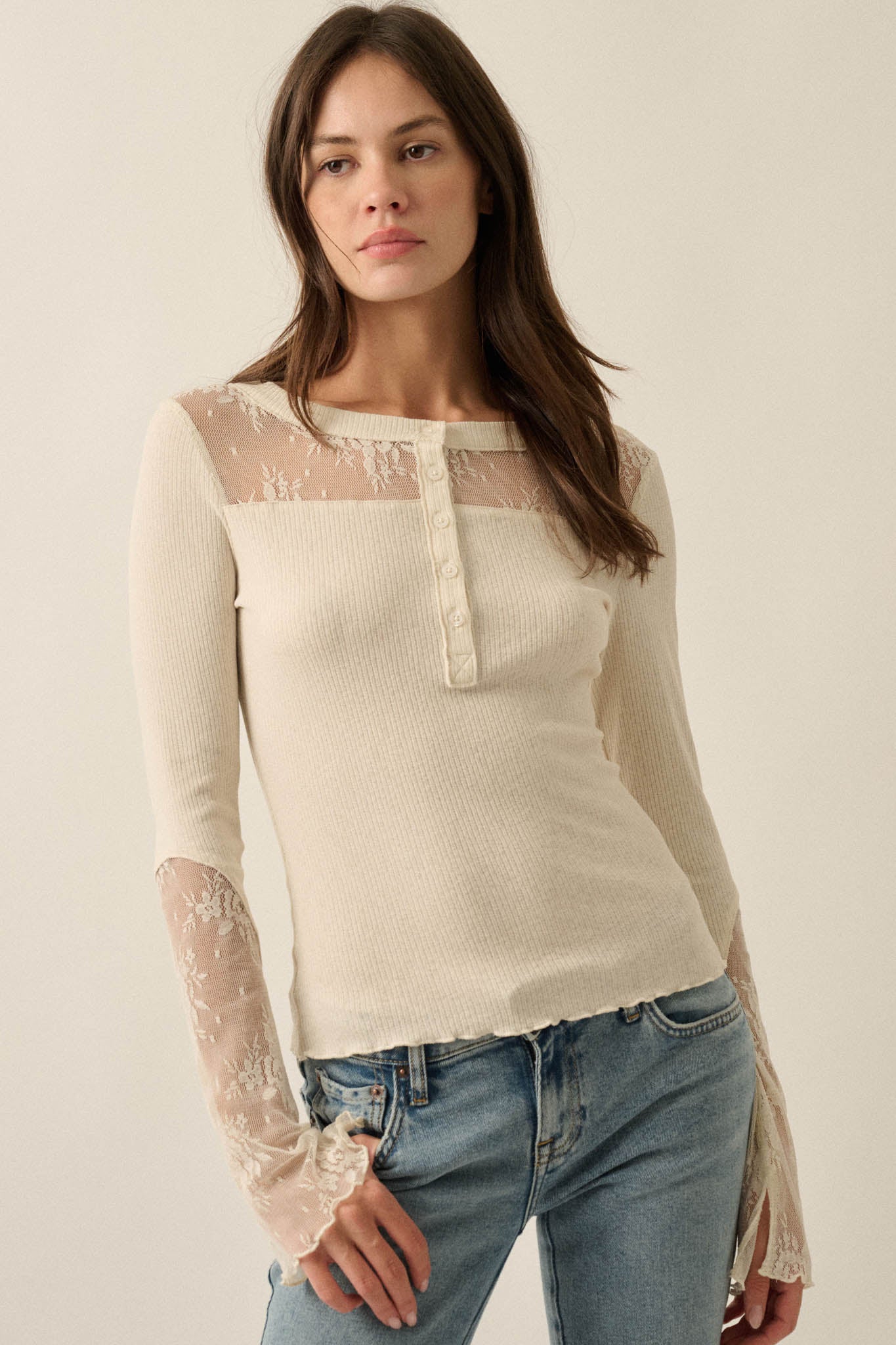Gentle Grace Ribbed Knit and Lace Henley Top - ShopPromesa