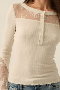 Gentle Grace Ribbed Knit and Lace Henley Top - ShopPromesa