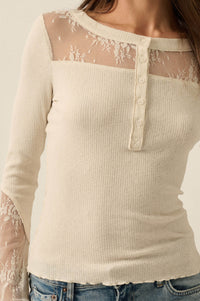 Gentle Grace Ribbed Knit and Lace Henley Top - ShopPromesa
