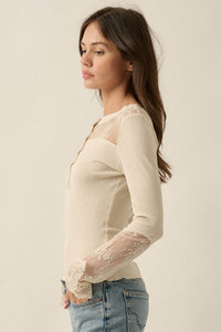 Gentle Grace Ribbed Knit and Lace Henley Top - ShopPromesa