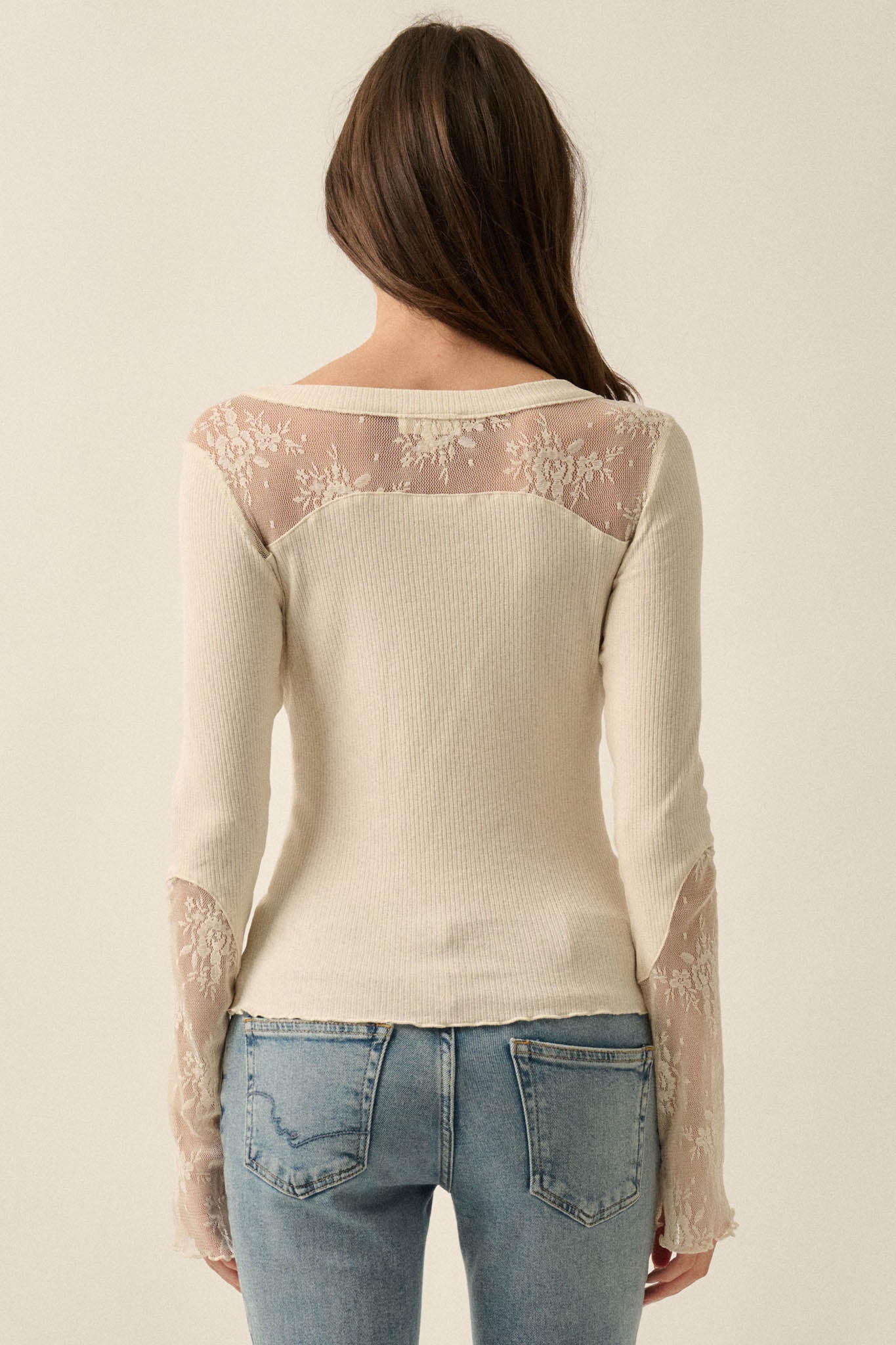 Gentle Grace Ribbed Knit and Lace Henley Top - ShopPromesa