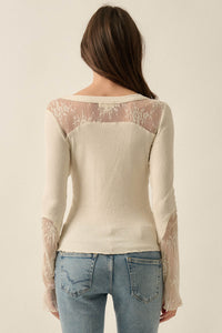 Gentle Grace Ribbed Knit and Lace Henley Top - ShopPromesa