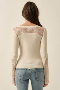 Gentle Grace Ribbed Knit and Lace Henley Top - ShopPromesa