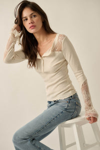 Gentle Grace Ribbed Knit and Lace Henley Top - ShopPromesa