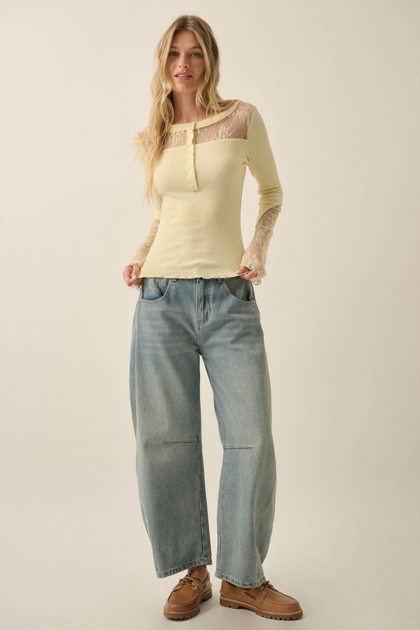 Gentle Grace Ribbed Knit and Lace Henley Top - ShopPromesa