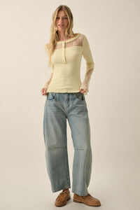 Gentle Grace Ribbed Knit and Lace Henley Top - ShopPromesa